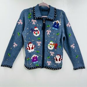 Reference Point  Cardigan Blue Santa Ugly Christmas Sweater Embroidered Size M